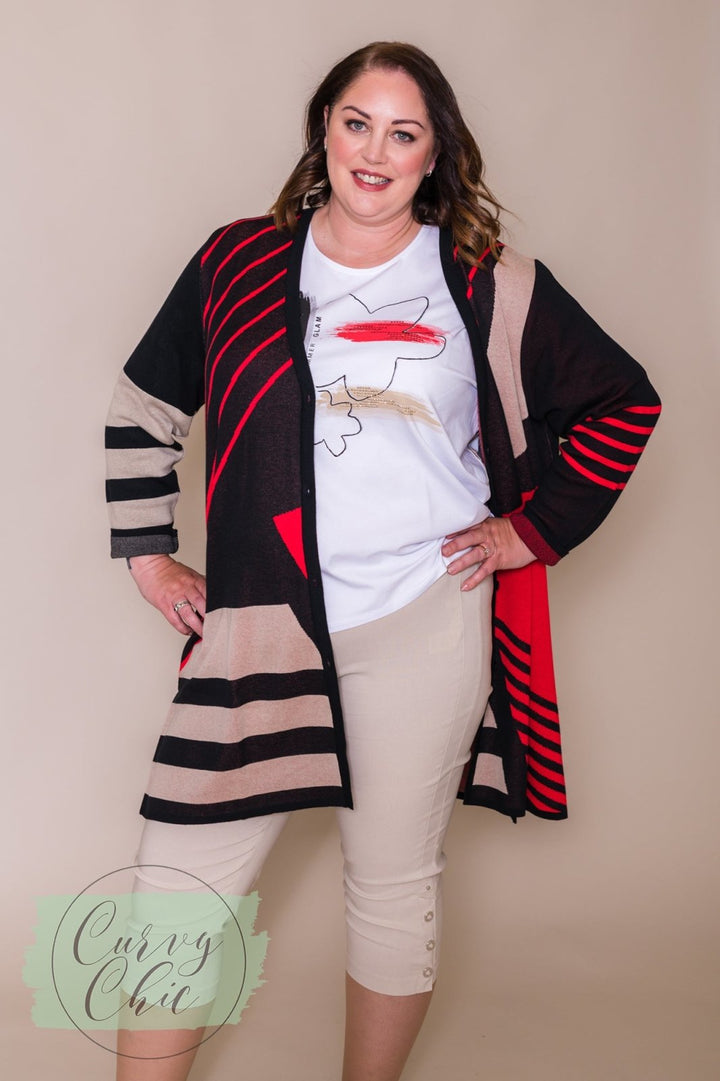 Black, Red &amp; Beige Long Cardigan - Curvy Chic Boutique