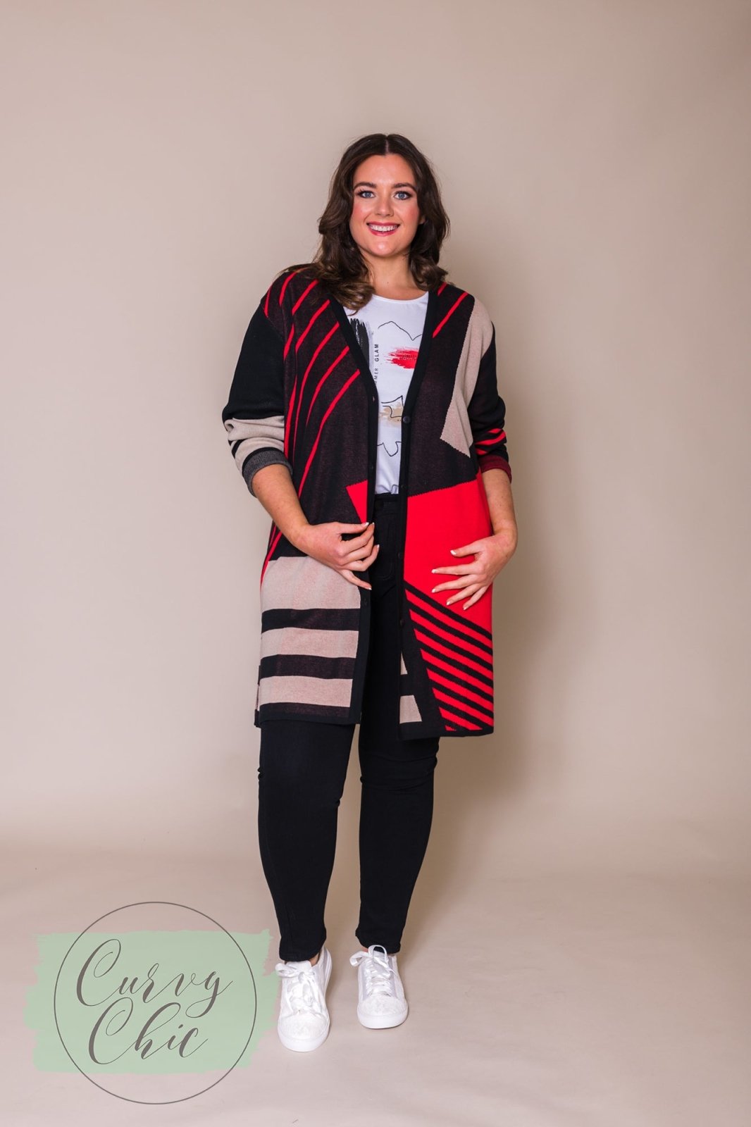 Black, Red &amp; Beige Long Cardigan - Curvy Chic Boutique