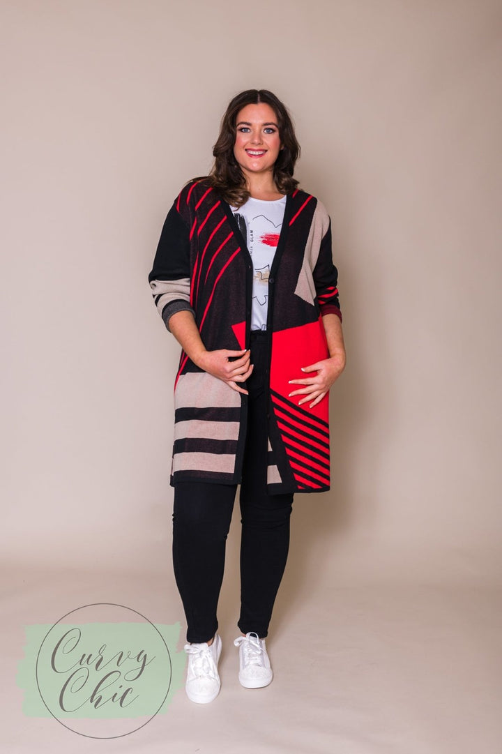 Black, Red &amp; Beige Long Cardigan - Curvy Chic Boutique