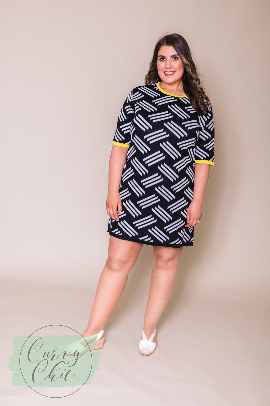 Black & White short sleeved knitted plus size midi dress - Curvy Chic Boutique