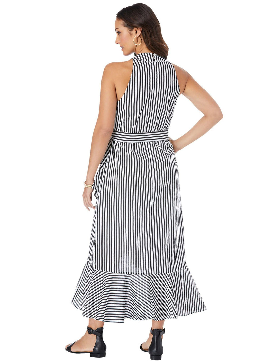 Black White Striped Halterneck Wrap Max Ruffled Dress - Curvy Chic Boutique