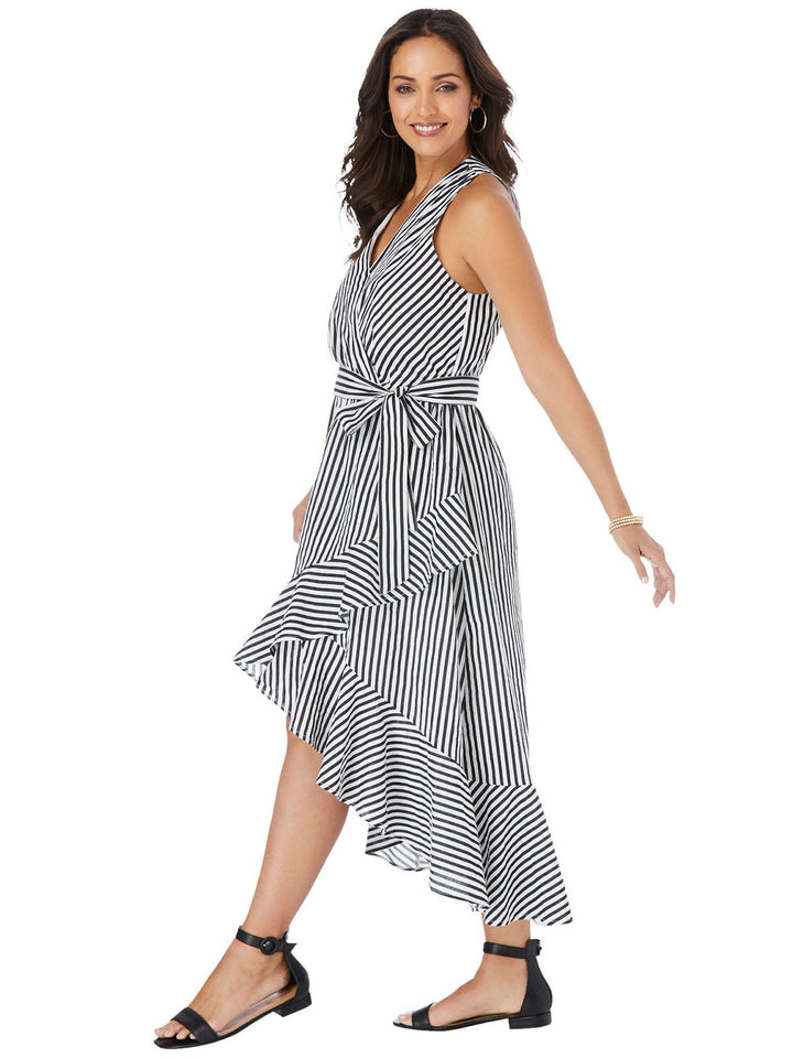 Black White Striped Halterneck Wrap Max Ruffled Dress - Curvy Chic Boutique