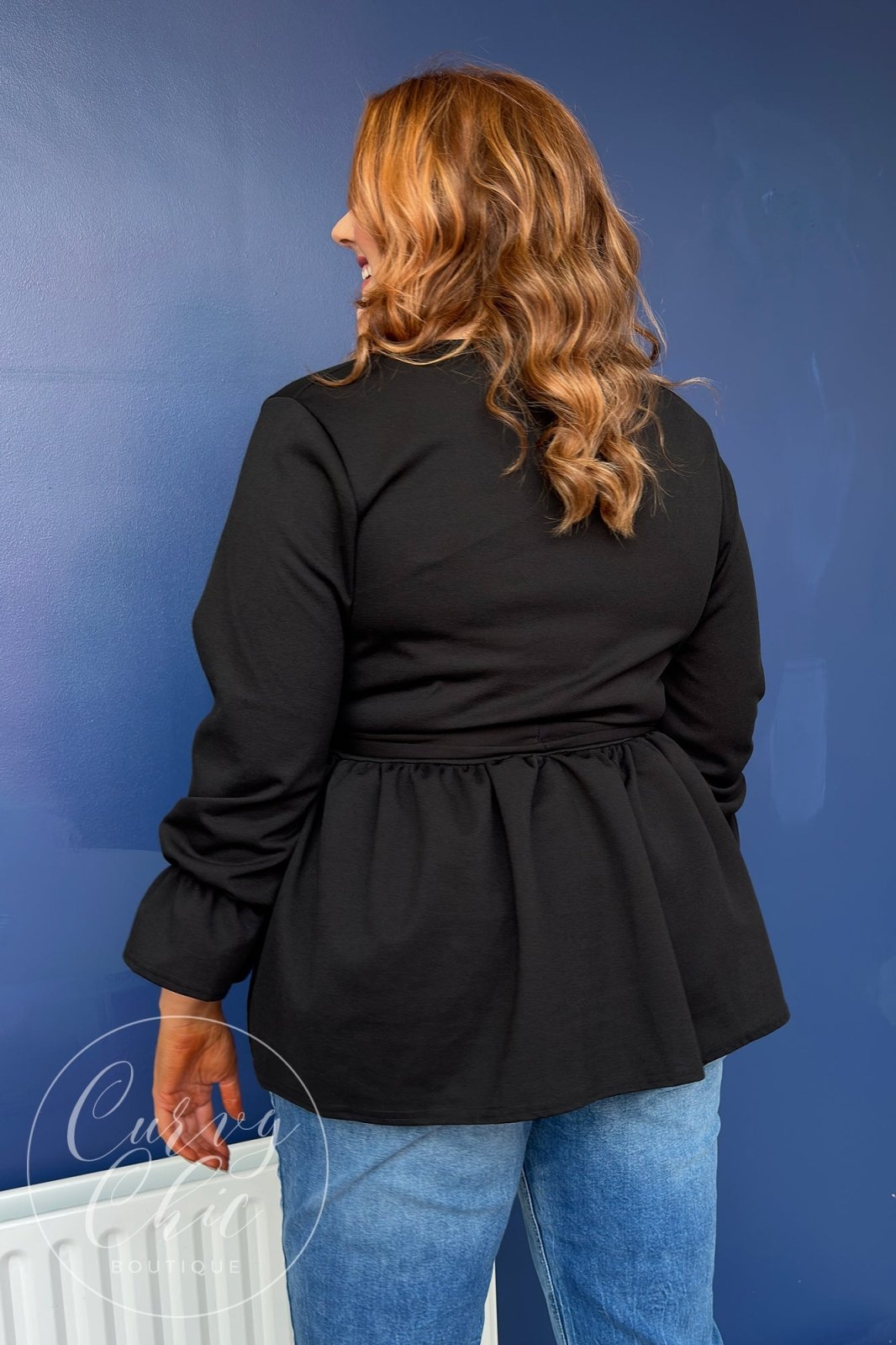 Black Wrap Plus Size Peplum Top with sleeves - Curvy Chic Boutique