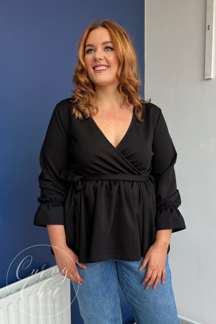 Black Wrap Plus Size Peplum Top with sleeves - Curvy Chic Boutique