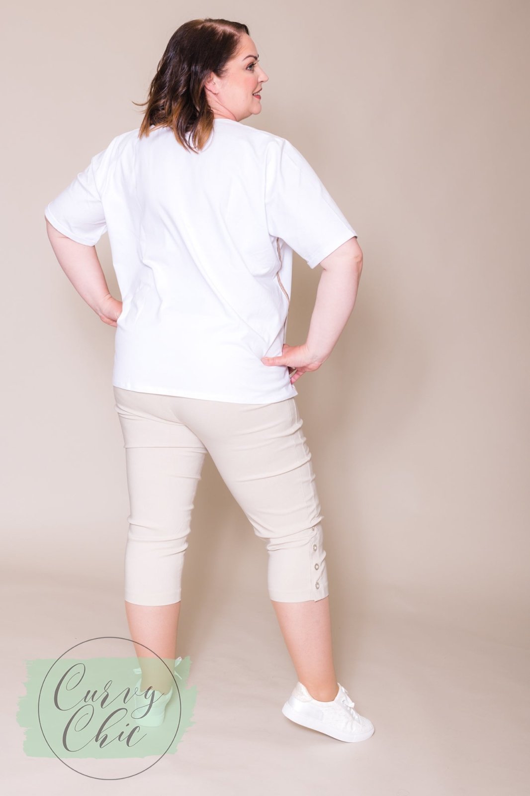 Cropped Beige Plus Size Stretch Trousers with Rivet Detail - Curvy Chic Boutique