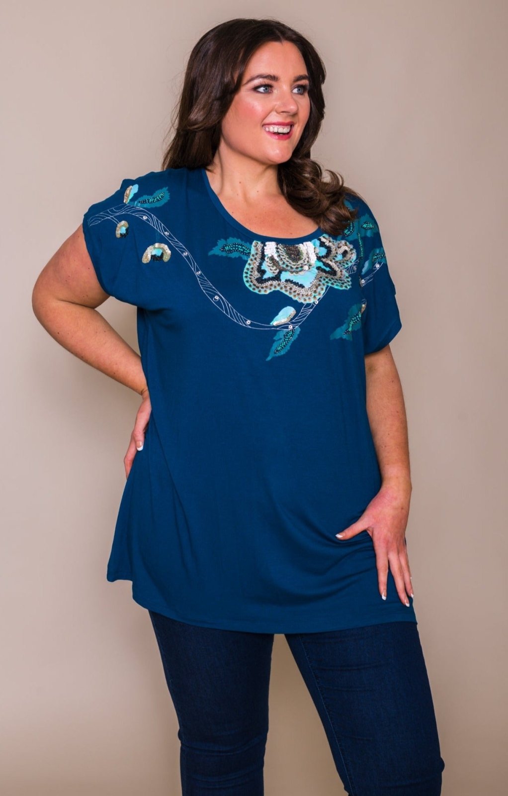 Dark Teal SuperSoft Sequin Detailed Plus Size T-Shirt - Curvy Chic Boutique