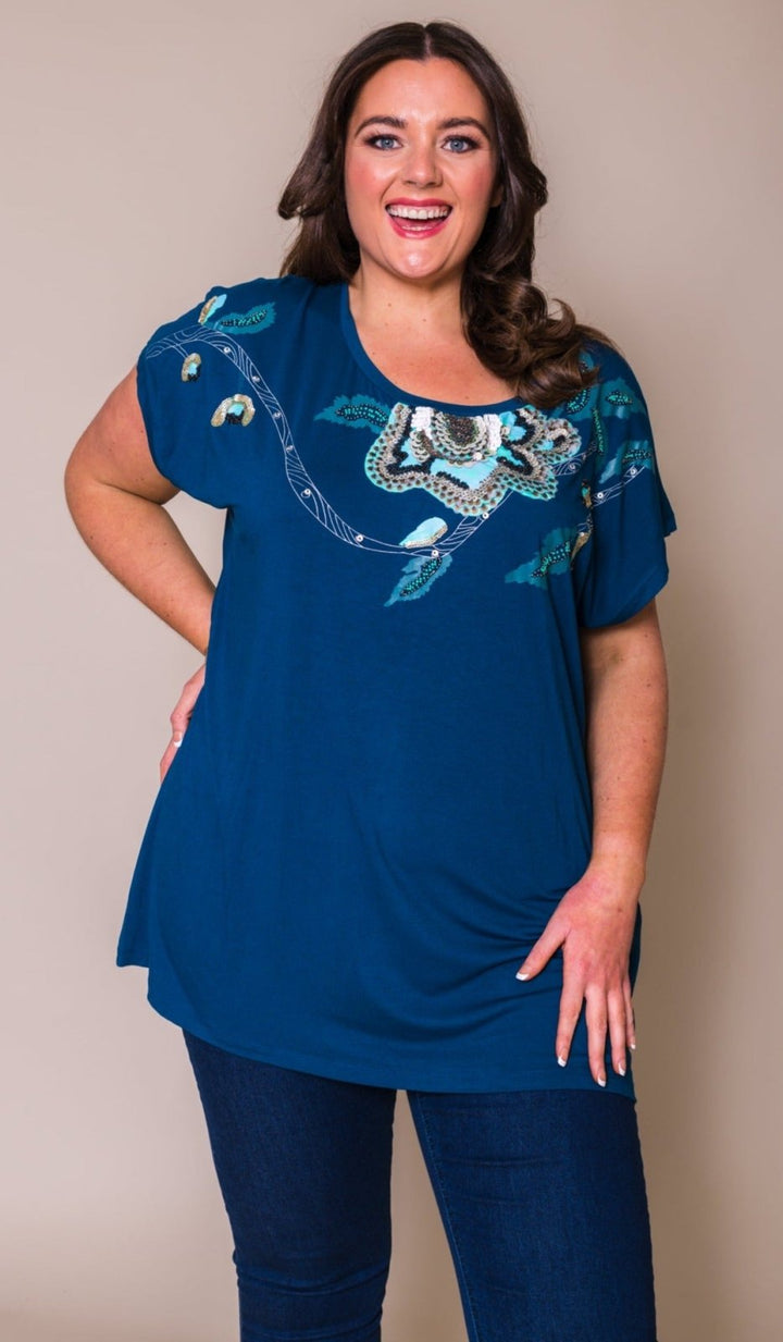 Dark Teal SuperSoft Sequin Detailed Plus Size T-Shirt - Curvy Chic Boutique