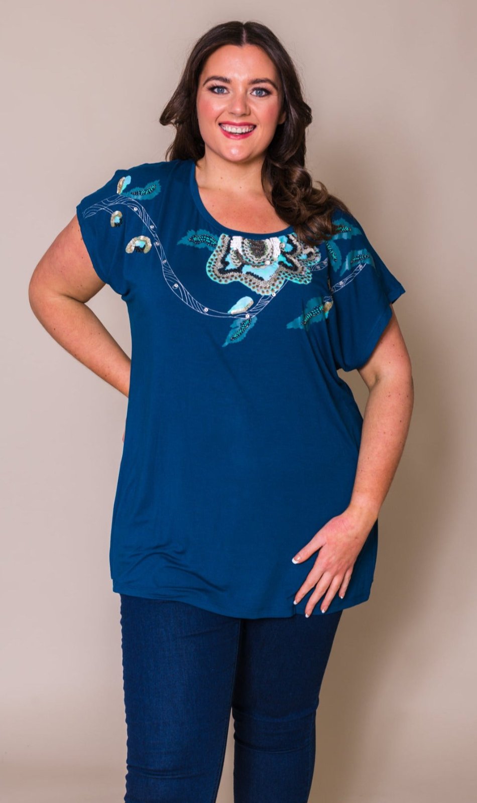 Dark Teal SuperSoft Sequin Detailed Plus Size T-Shirt - Curvy Chic Boutique