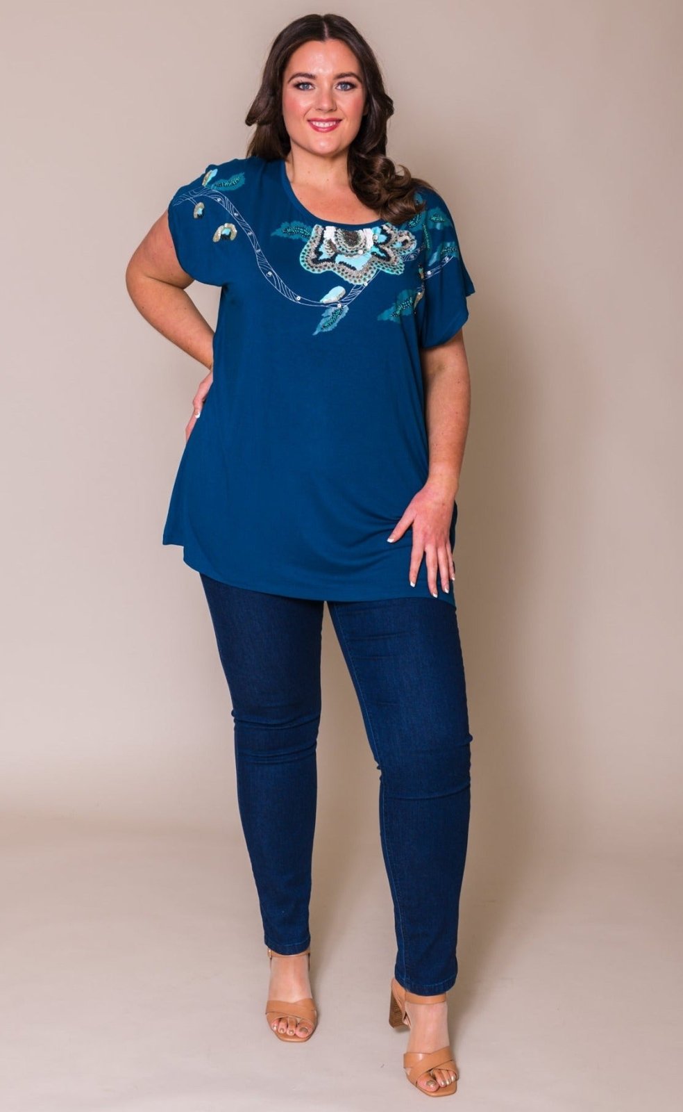 Dark Teal SuperSoft Sequin Detailed Plus Size T-Shirt - Curvy Chic Boutique
