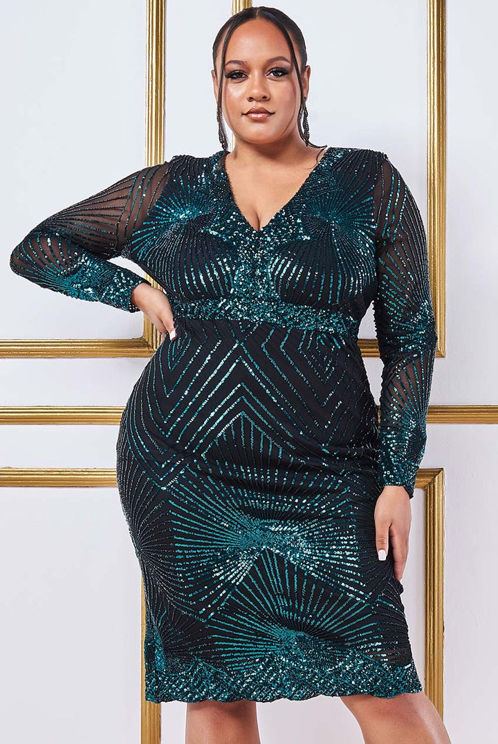 Emerald Plus Size Sequined Starburst Scalloped Hem Midi Dress - Curvy Chic Boutique