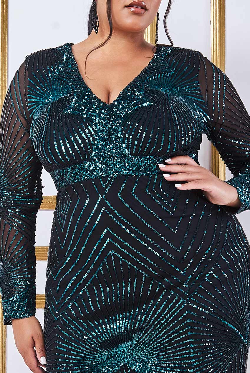 Emerald Plus Size Sequined Starburst Scalloped Hem Midi Dress - Curvy Chic Boutique