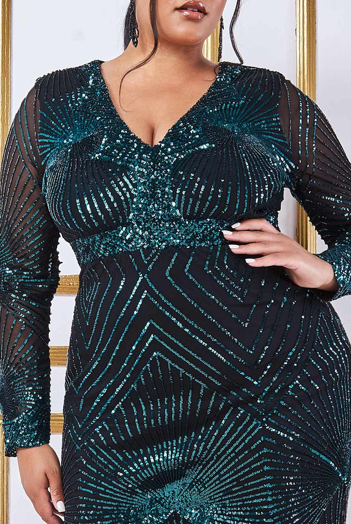 Emerald Plus Size Sequined Starburst Scalloped Hem Midi Dress - Curvy Chic Boutique
