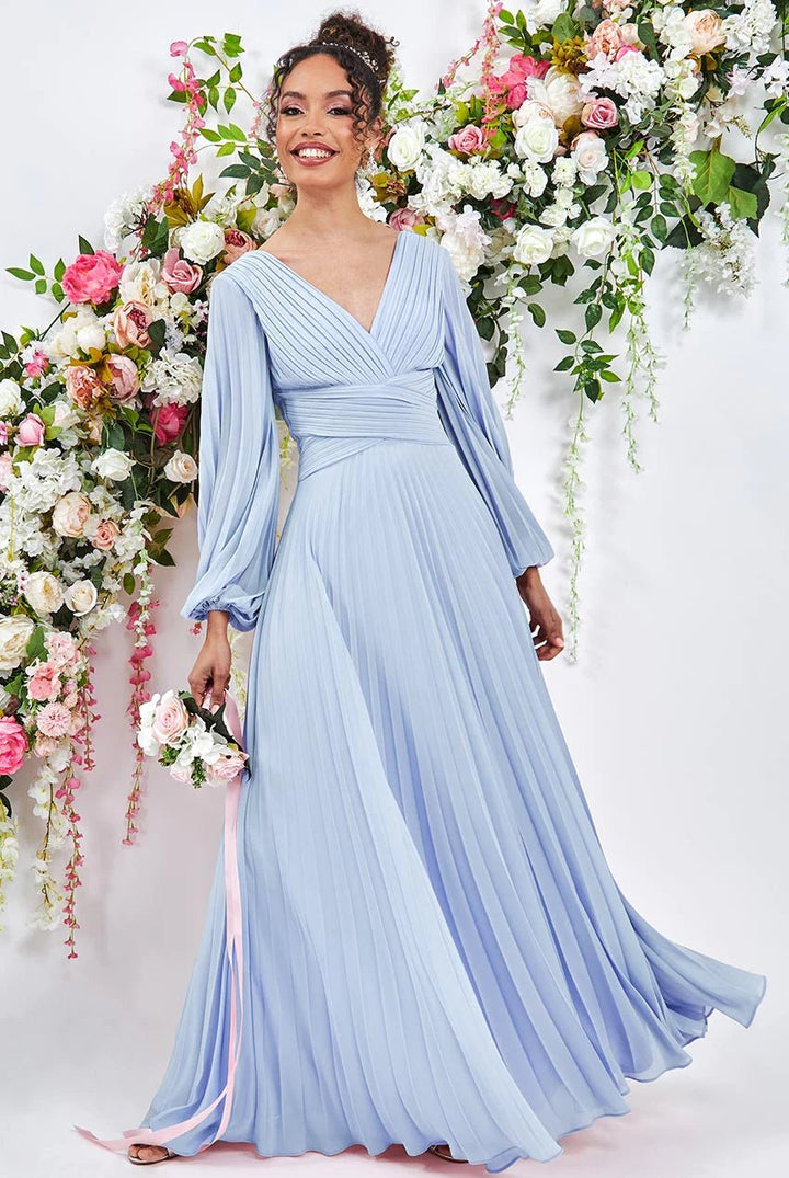 Goddiva Plus Size Balloon Sleeve Maxi Dress in Duskyblue - Curvy Chic Boutique