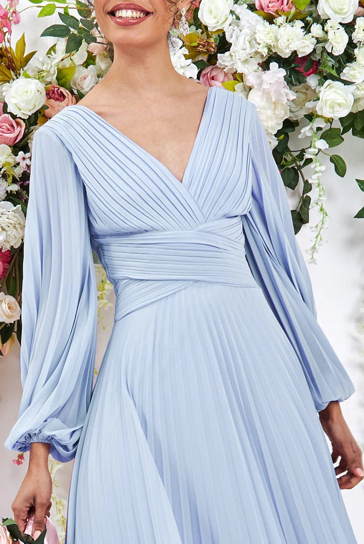 Goddiva Plus Size Balloon Sleeve Maxi Dress in Duskyblue - Curvy Chic Boutique