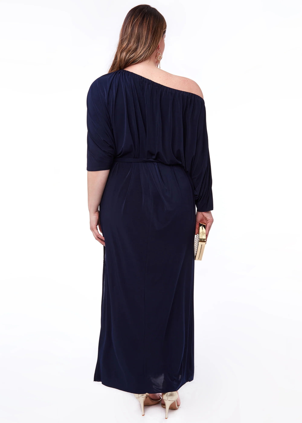 Goddiva Plus Size Off The Shoulder Multiway Maxi Dress With Slit in Navy - Curvy Chic Boutique