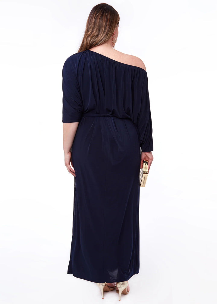 Goddiva Plus Size Off The Shoulder Multiway Maxi Dress With Slit in Navy - Curvy Chic Boutique