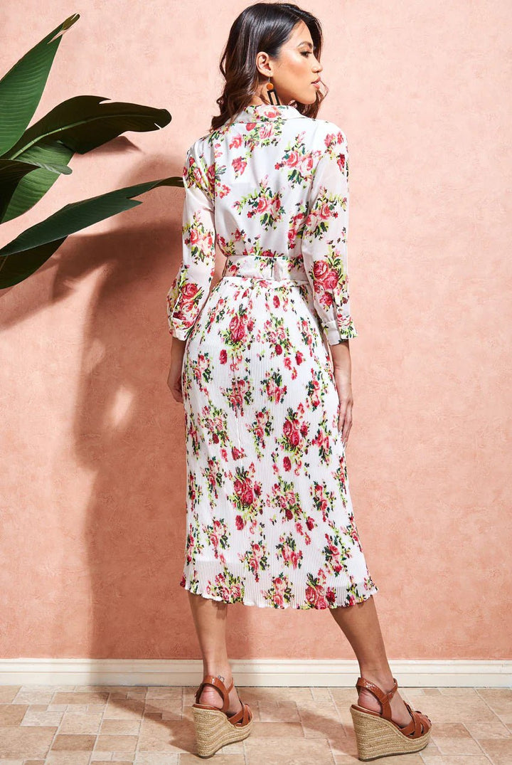 Goddiva plus size cream floral shirt dress back view | Curvy Chic Boutique