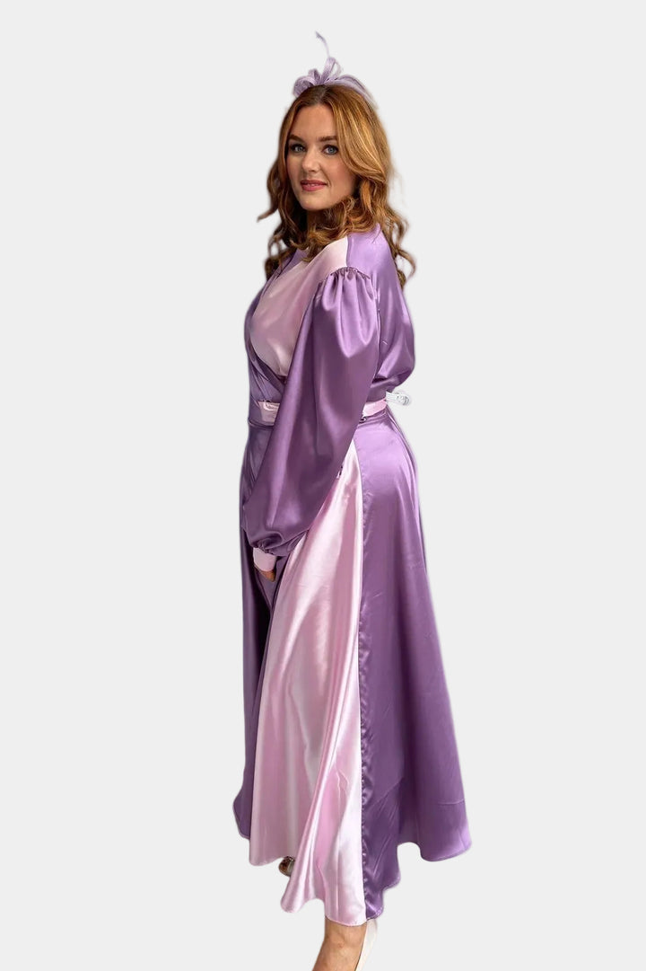 Long Sleeve Plus Size Satin Style Duo Colour Maxi Wrap Dress - Curvy Chic Boutique