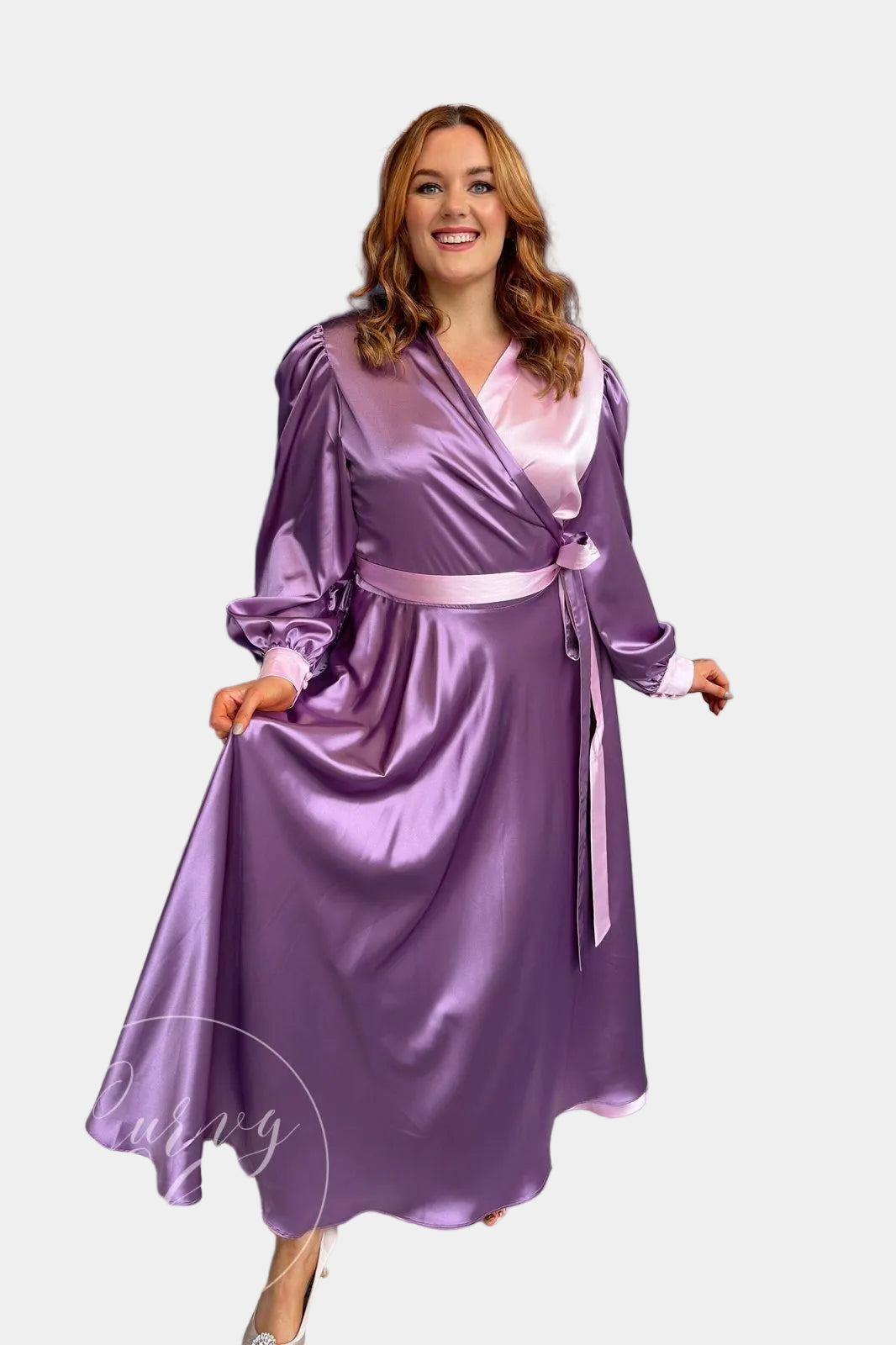 Long Sleeve Plus Size Satin Style Duo Colour Maxi Wrap Dress - Curvy Chic Boutique