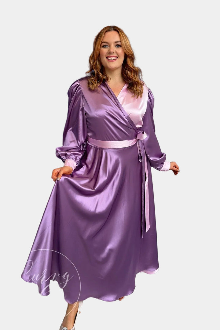 Long Sleeve Plus Size Satin Style Duo Colour Maxi Wrap Dress - Curvy Chic Boutique