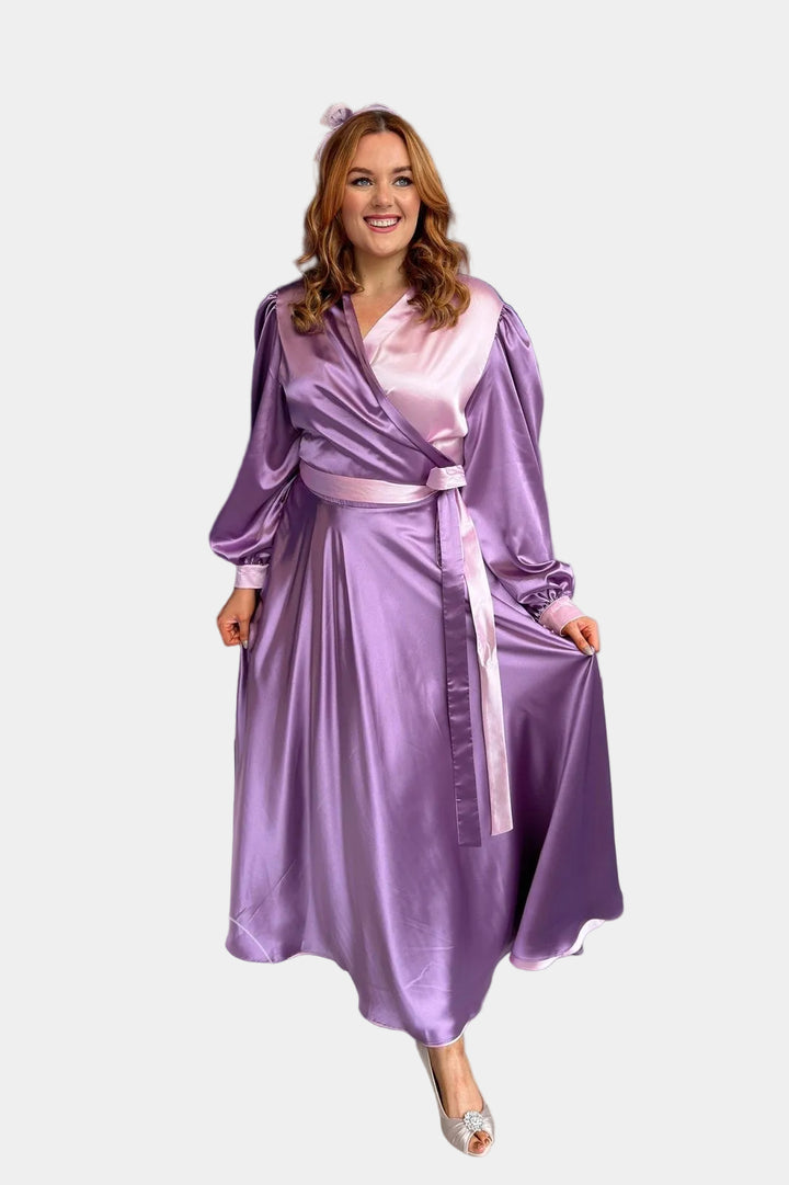 Long Sleeve Plus Size Satin Style Duo Colour Maxi Wrap Dress - Curvy Chic Boutique