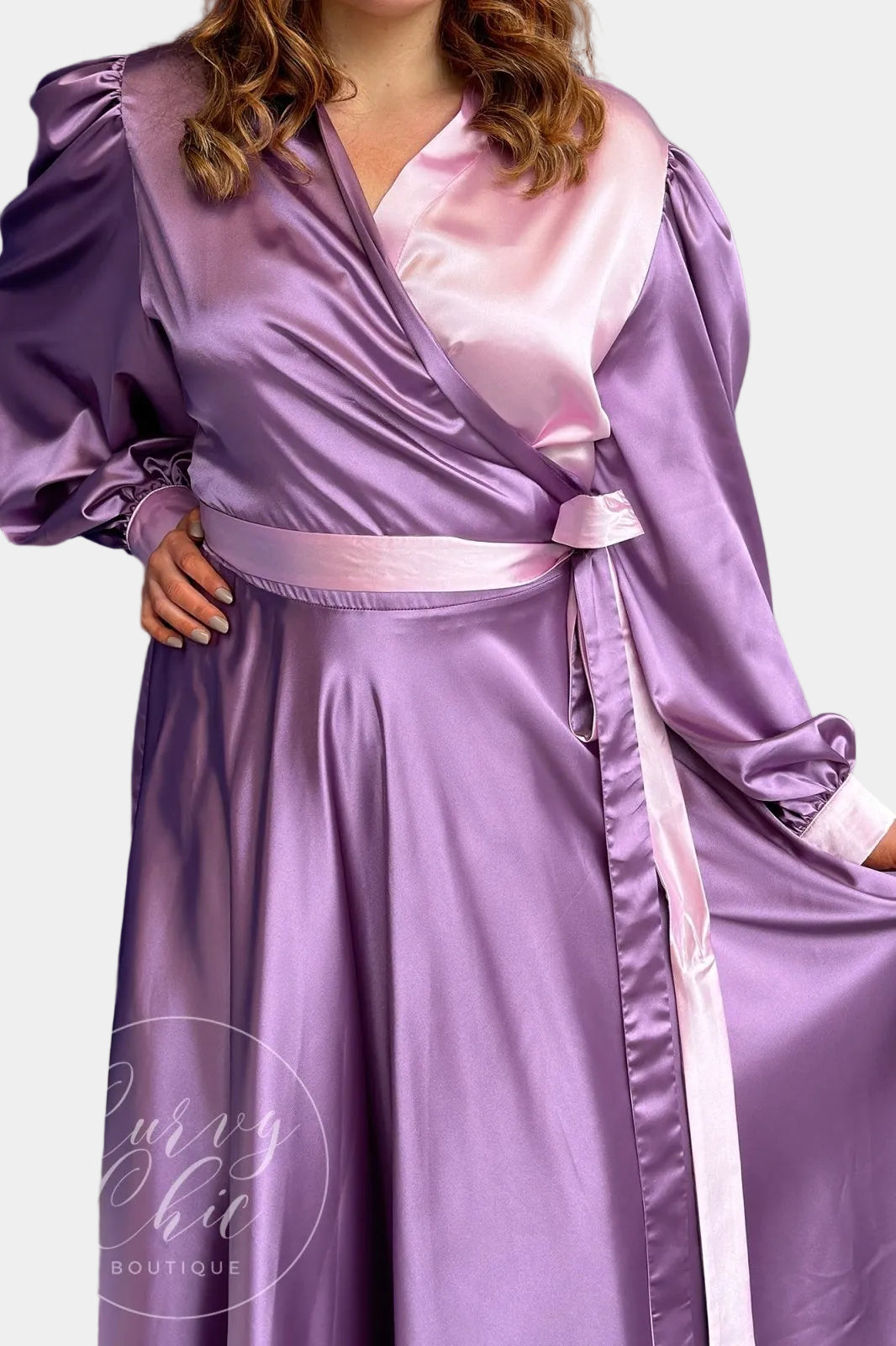 Long Sleeve Plus Size Satin Style Duo Colour Maxi Wrap Dress - Curvy Chic Boutique