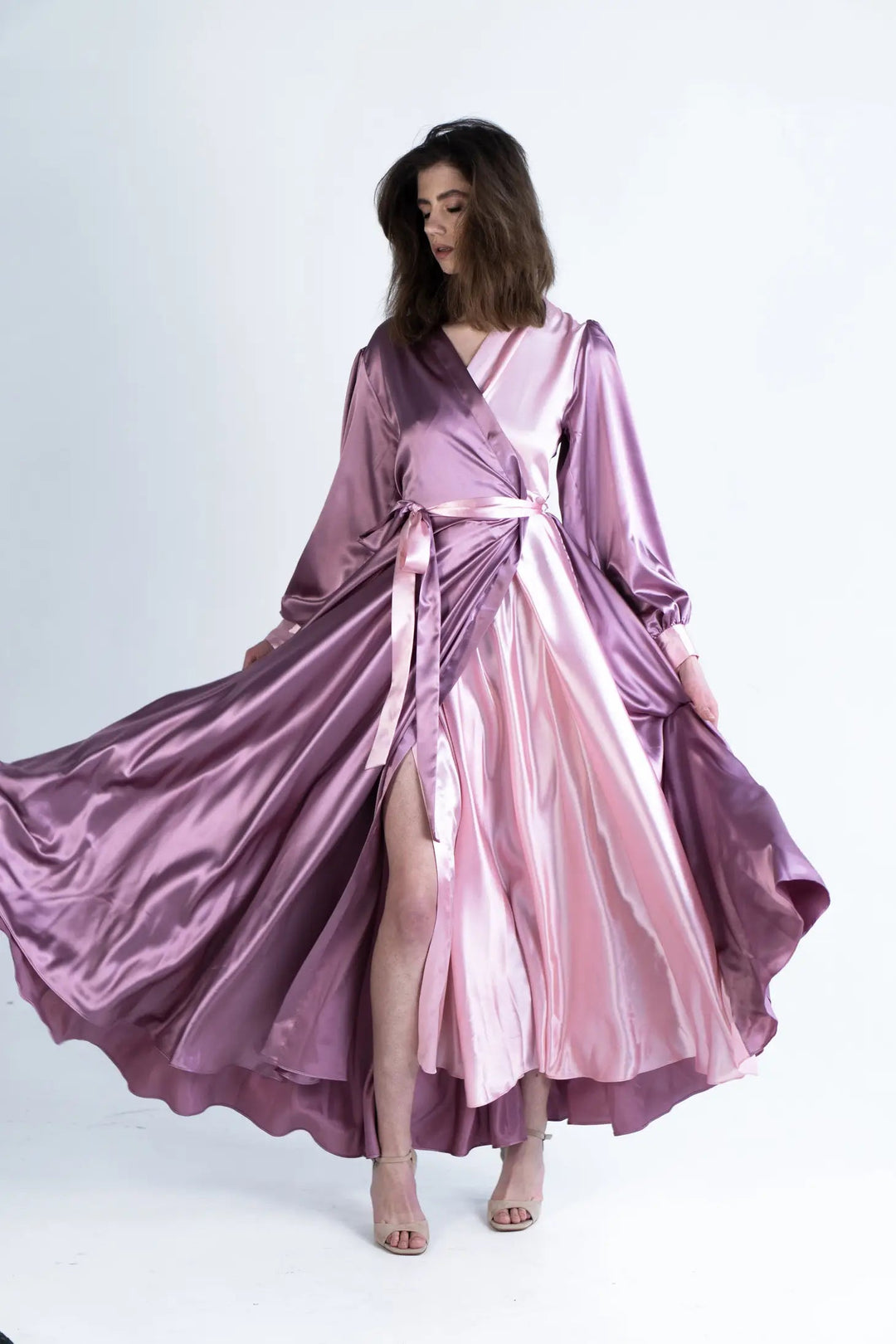 Long sleeve plus size satin style duo colour maxi wrap dress - Curvy Chic Boutique