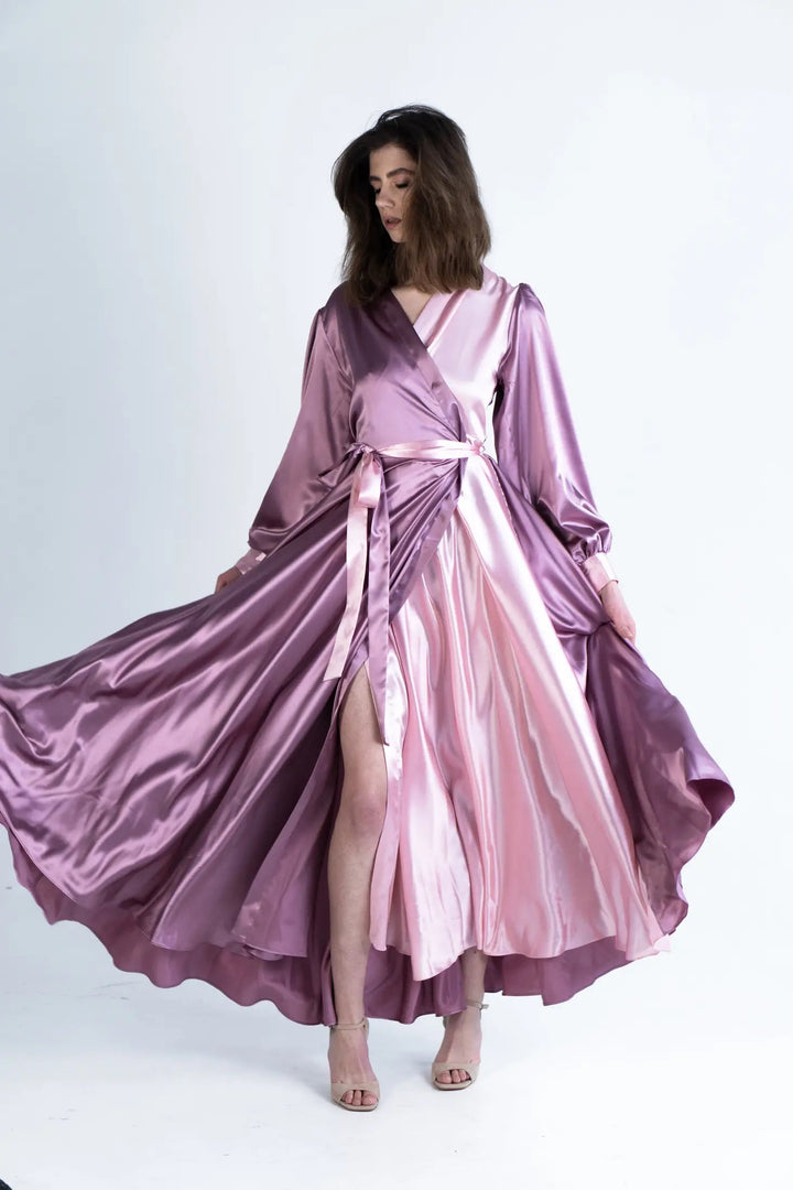 Long sleeve plus size satin style duo colour maxi wrap dress - Curvy Chic Boutique