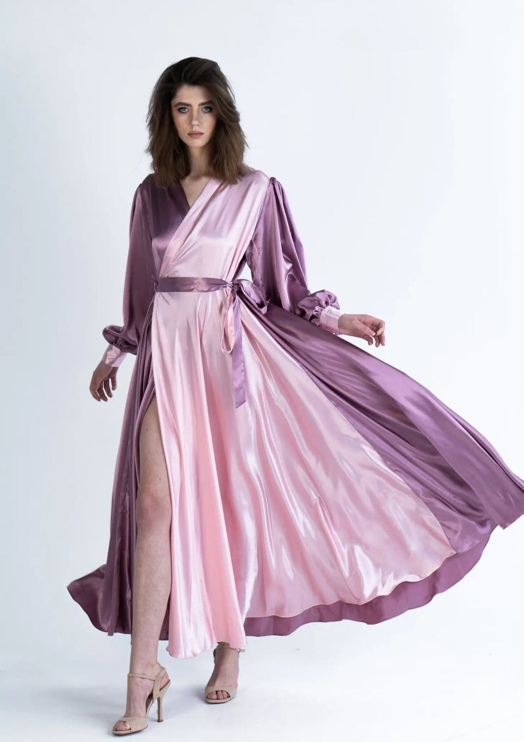 Long sleeve plus size satin style duo colour maxi wrap dress - Curvy Chic Boutique
