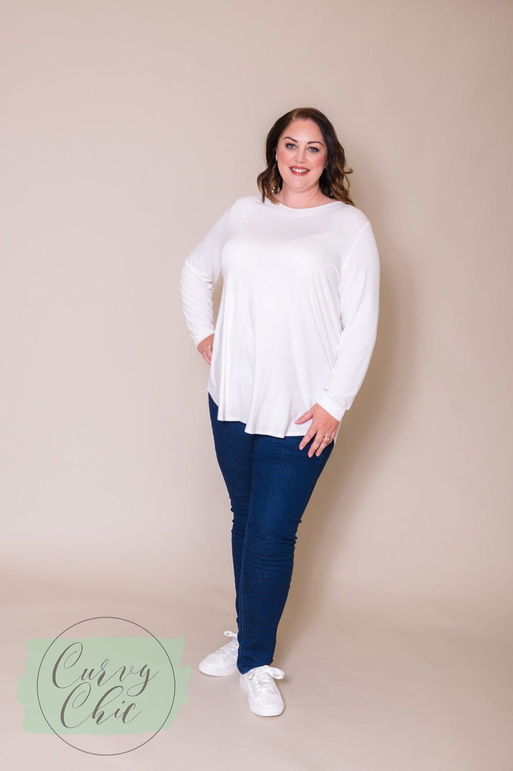 Long sleeve Top with Back Button Detail - Ivory - Curvy Chic Boutique