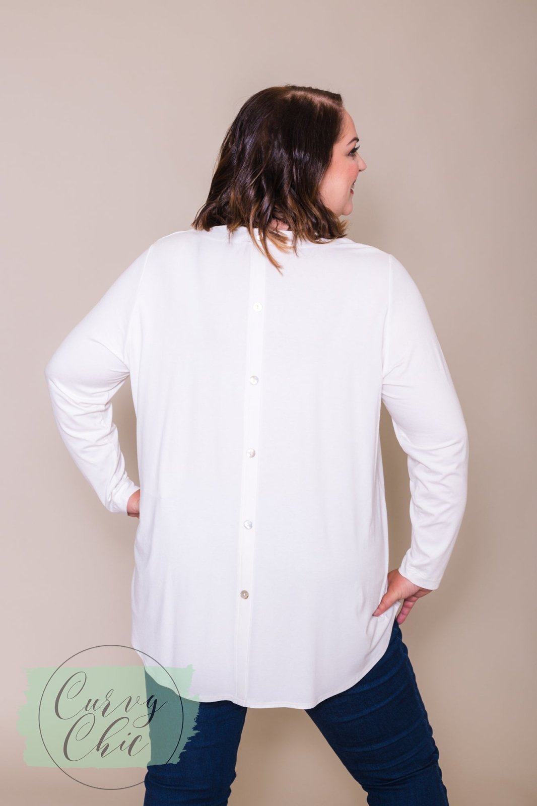 Long sleeve Top with Back Button Detail - Ivory - Curvy Chic Boutique