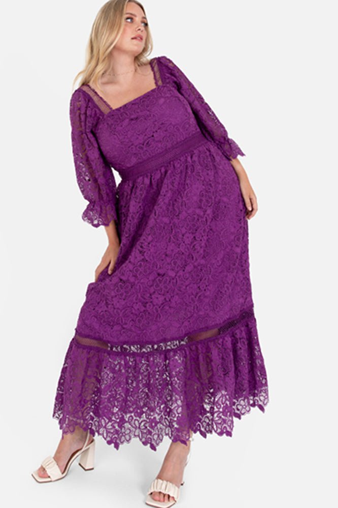 Lovedrobe Luxe Plus Size Purple Floral Lace Midaxi Dress - Curvy Chic Boutique