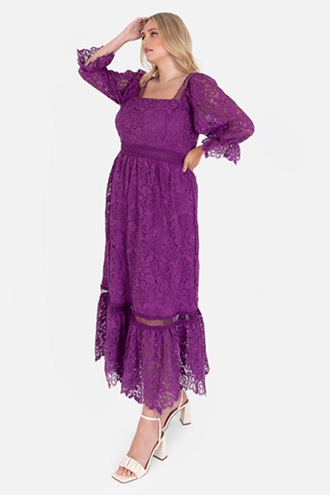 Lovedrobe Luxe Plus Size Purple Floral Lace Midaxi Dress - Curvy Chic Boutique