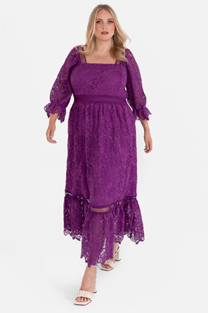 Lovedrobe Luxe Plus Size Purple Floral Lace Midaxi Dress - Curvy Chic Boutique