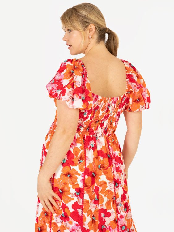 Lovedrobe Luxe Plus Size Square Neck Red &amp; Orange Floral Lace Maxi Dress - Curvy Chic Boutique