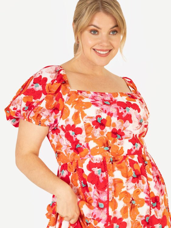 Lovedrobe Luxe Plus Size Square Neck Red &amp; Orange Floral Lace Maxi Dress - Curvy Chic Boutique