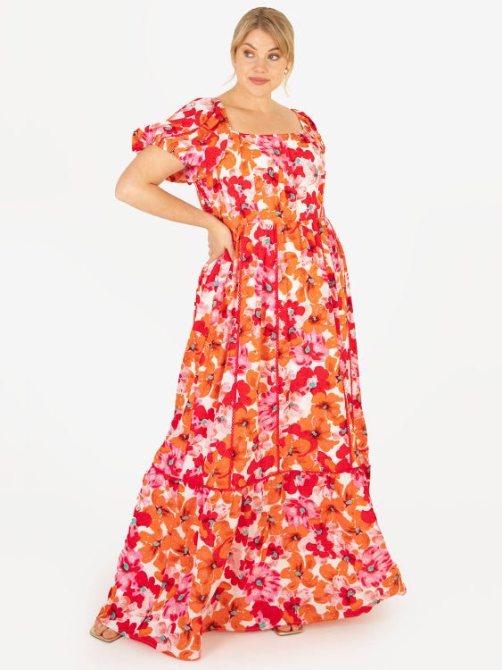 Lovedrobe Luxe Plus Size Square Neck Red & Orange Floral Lace Maxi Dress - Curvy Chic Boutique