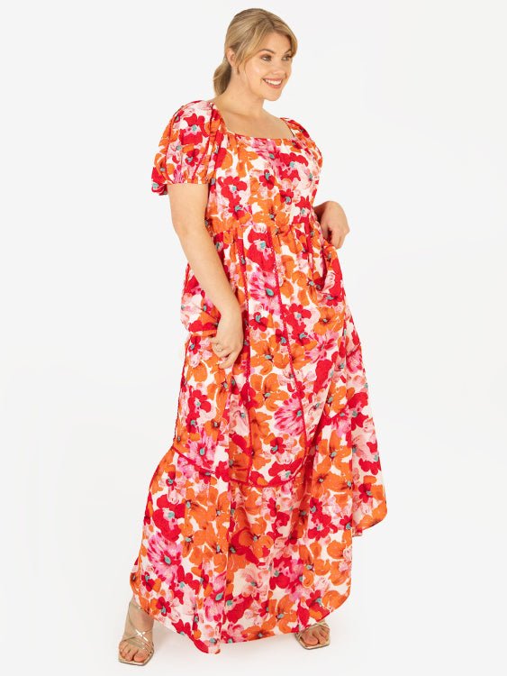 Lovedrobe Luxe Plus Size Square Neck Red &amp; Orange Floral Lace Maxi Dress - Curvy Chic Boutique