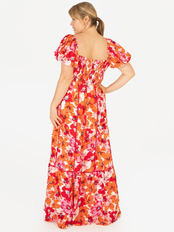 Lovedrobe Luxe Plus Size Square Neck Red &amp; Orange Floral Lace Maxi Dress - Curvy Chic Boutique