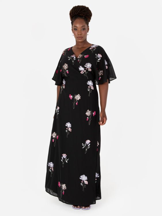 Maya Black Floral Embellished Wrap Plus Size Maxi Dress - Curvy Chic Boutique