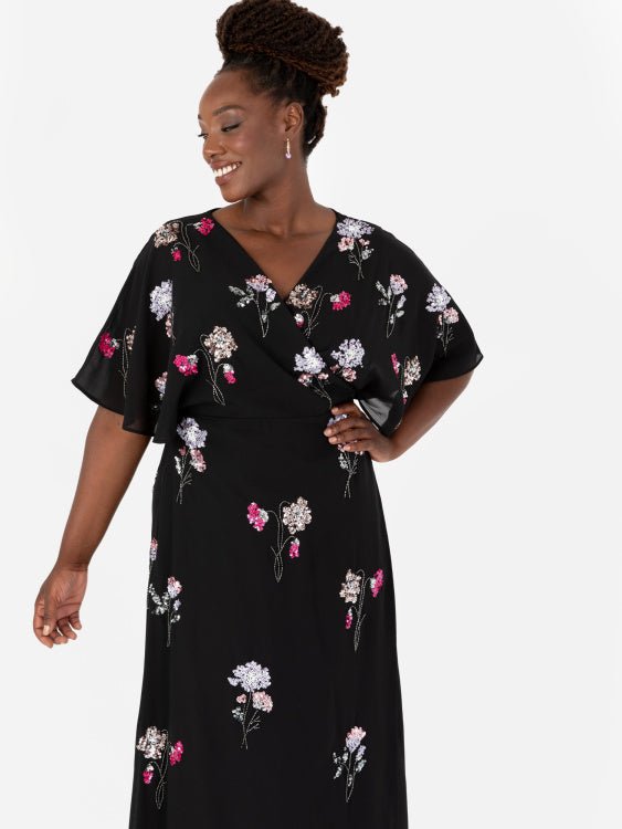 Maya Black Floral Embellished Wrap Plus Size Maxi Dress - Curvy Chic Boutique