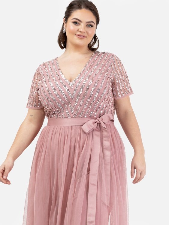 Maya Plus Size Dusty Pink Stripe Embellished Maxi Dress with Sash Belt - Curvy Chic Boutique