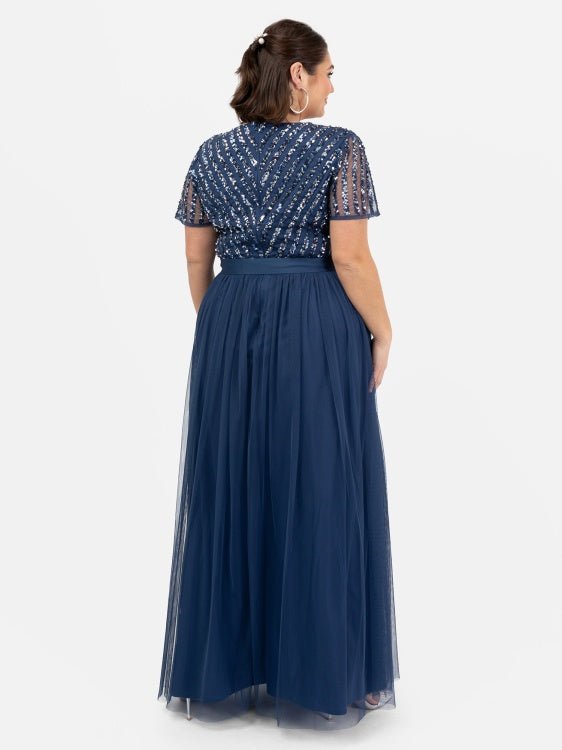 Maya Plus Size French Navy Stripe Embellished Maxi Dress with Sash Belt - Curvy Chic Boutique