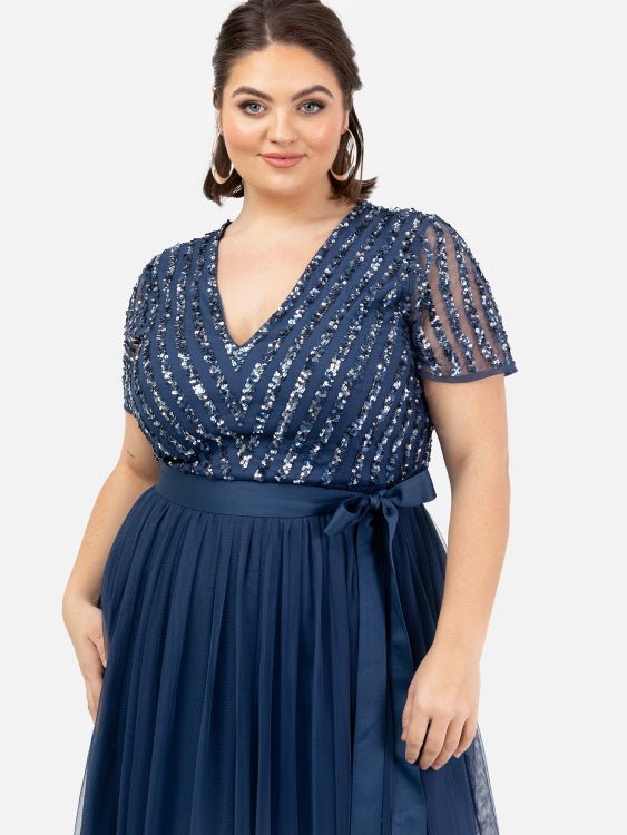 Maya Plus Size French Navy Stripe Embellished Maxi Dress with Sash Belt - Curvy Chic Boutique