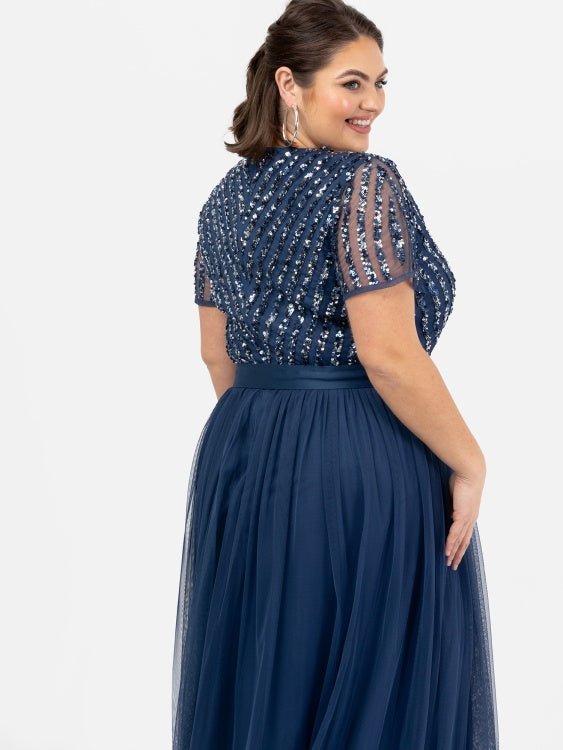 Maya Plus Size French Navy Stripe Embellished Maxi Dress with Sash Belt - Curvy Chic Boutique