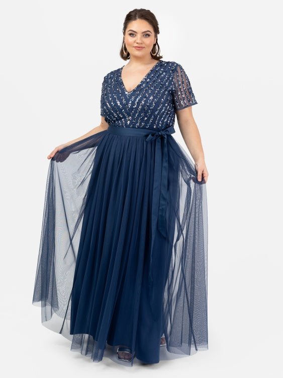 Maya Plus Size French Navy Stripe Embellished Maxi Dress with Sash Belt - Curvy Chic Boutique