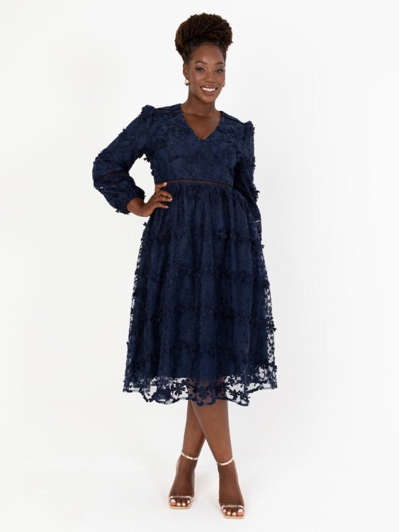 Maya Plus Size Navy 3D Floral Embroidered Long Sleeve Midi Dress - Curvy Chic Boutique