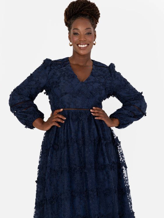 Maya Plus Size Navy 3D Floral Embroidered Long Sleeve Midi Dress - Curvy Chic Boutique