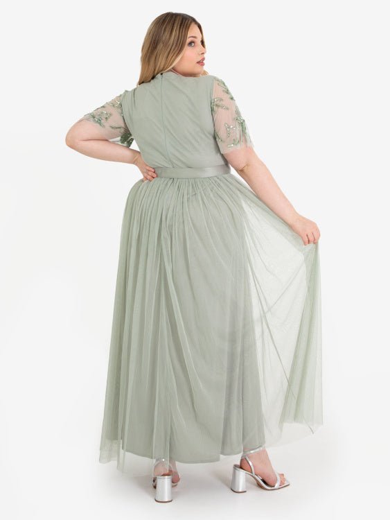 Maya Plus Size Sage Green Floral Embellished Maxi Dress with Sash Belt - Curvy Chic Boutique