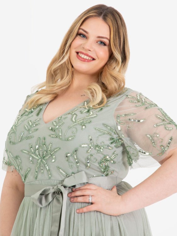 Maya Plus Size Sage Green Floral Embellished Maxi Dress with Sash Belt - Curvy Chic Boutique